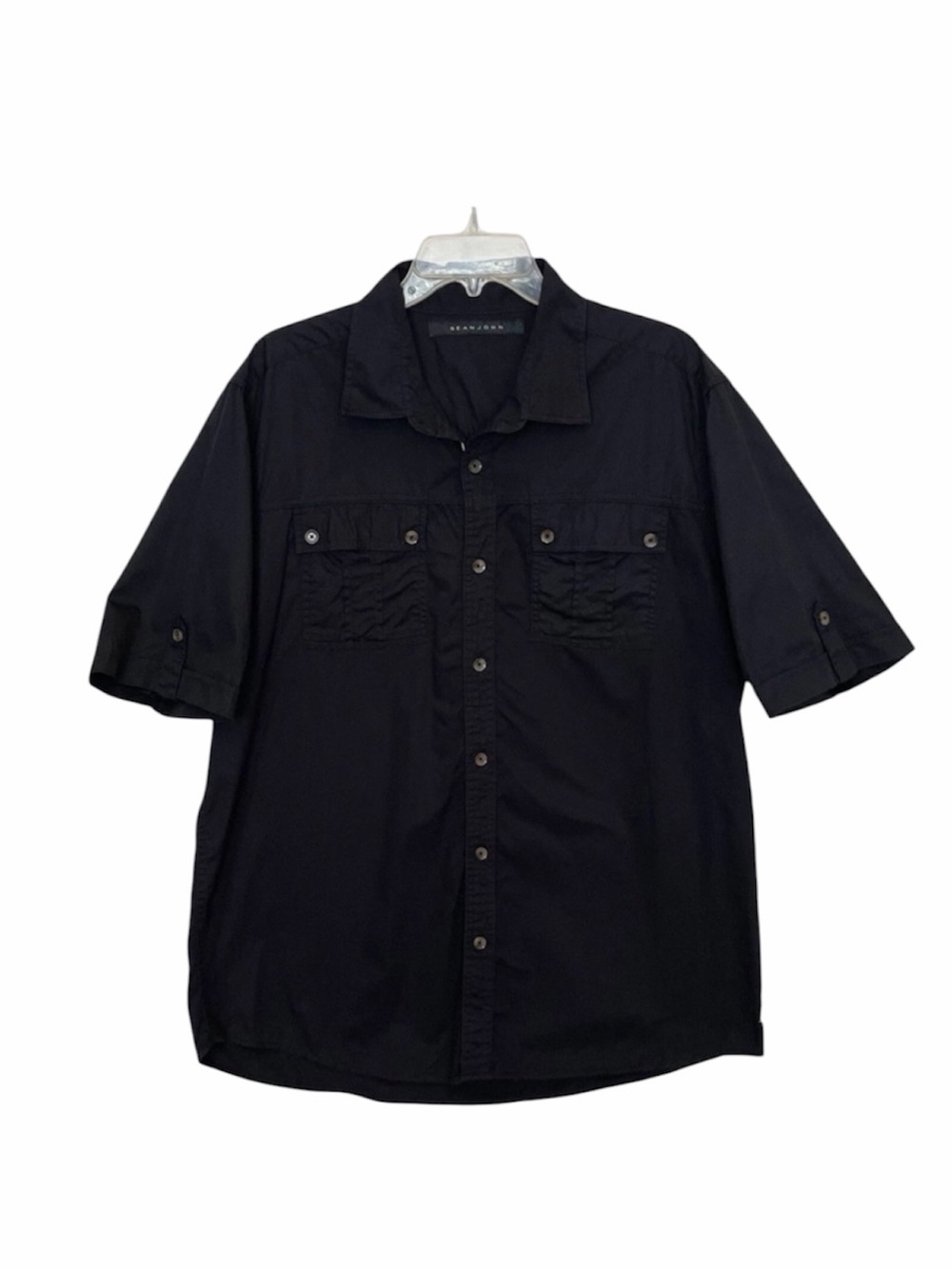 Sean John Black Utility Button Up Shirt XL 100% Cotton Short Sleeve Casual